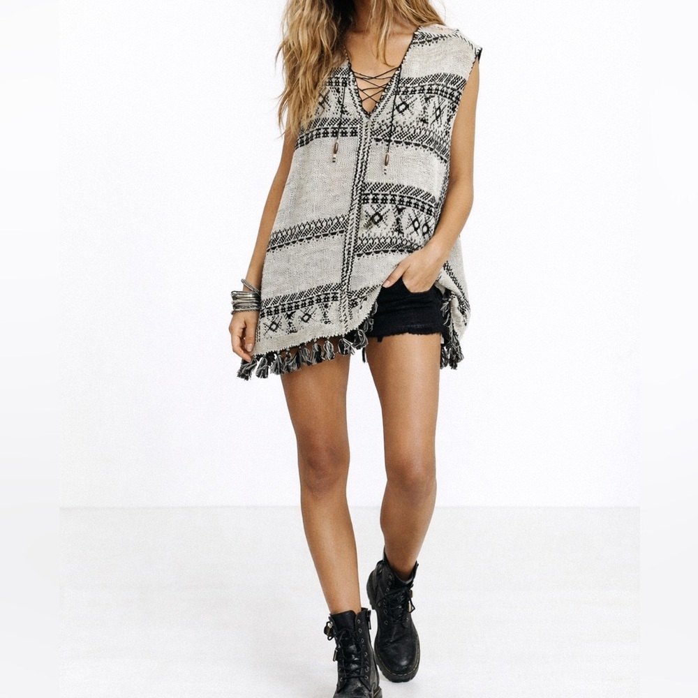 Free People Knit Festival Fringe Tunic Top Size XS